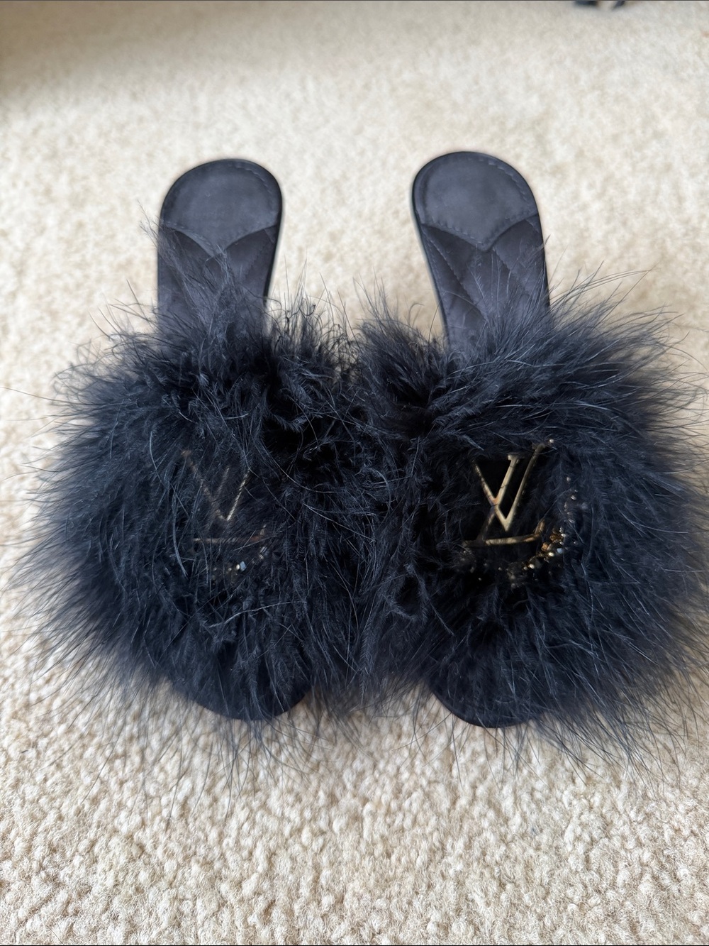 Louis Vuitton Black Feather Slide Sandals with Gold Accent